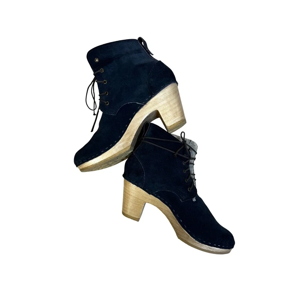 No.6 Suede Clog Boots Women‎ 39 Navy Blue Good Shearling Lined Lace Up Wood Heel
